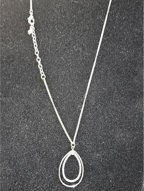 Silver Tone Double Teardrop Pendant Necklace 19" Chain + Extender 1.75" 5.82g